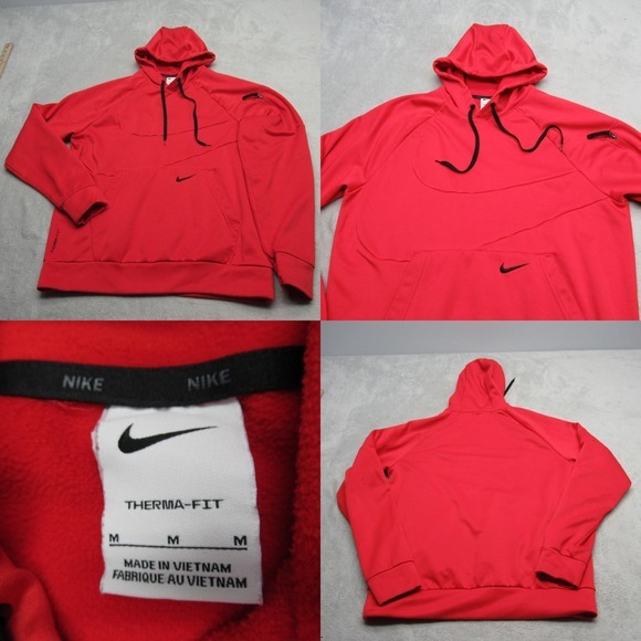 Nike Therma-FIT Men Medium Hoody Red Large Stomach Swoosh Fleece Sweatshirt RARE - Picture 1 of 15